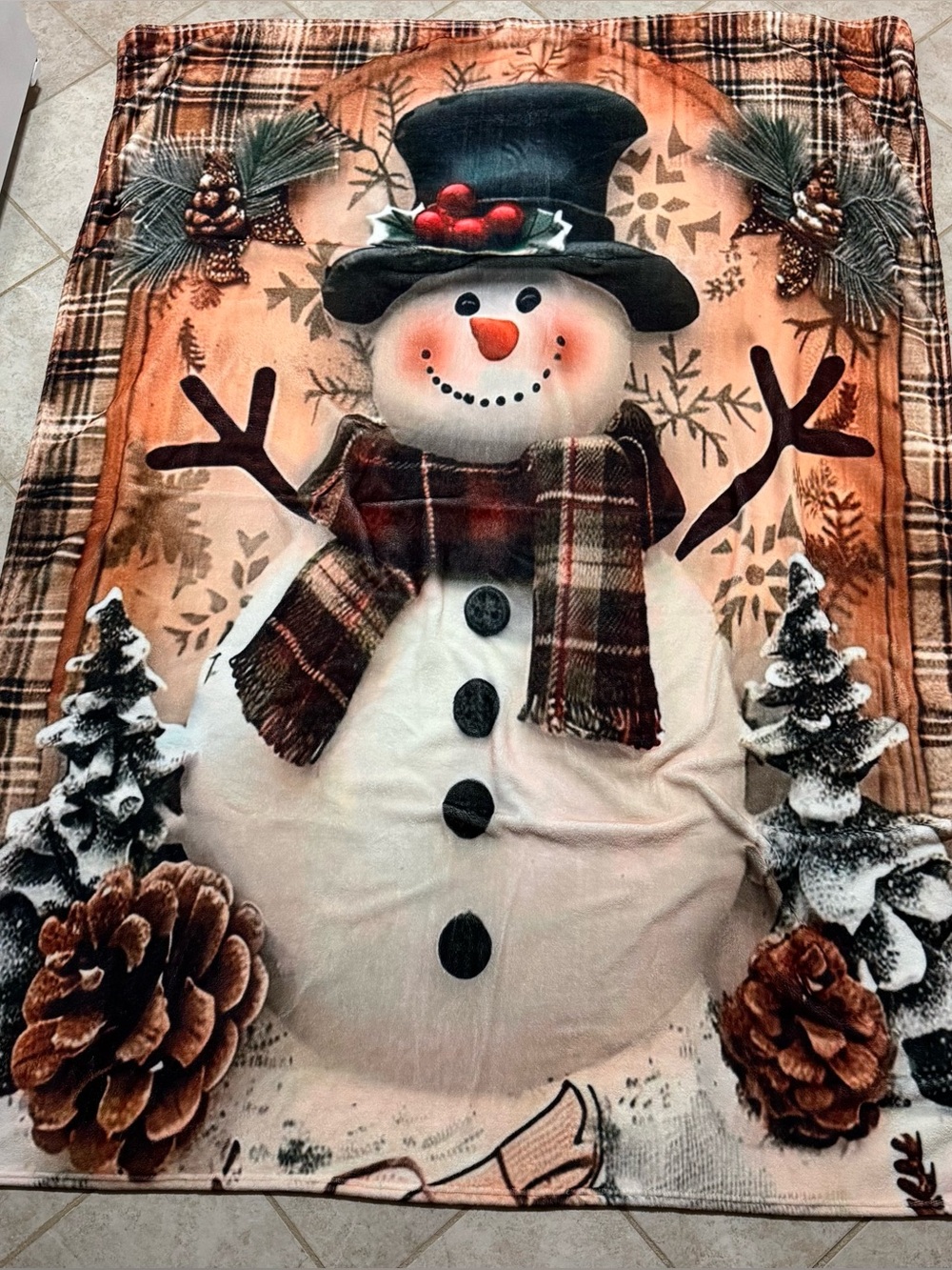 Plaid Scarf Snowman Holiday Throw Blanket - Brown & Cream
